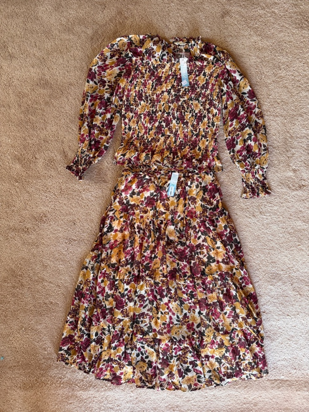 Elsie and Zoe Floral Midi Dress in Gold and Burgundy